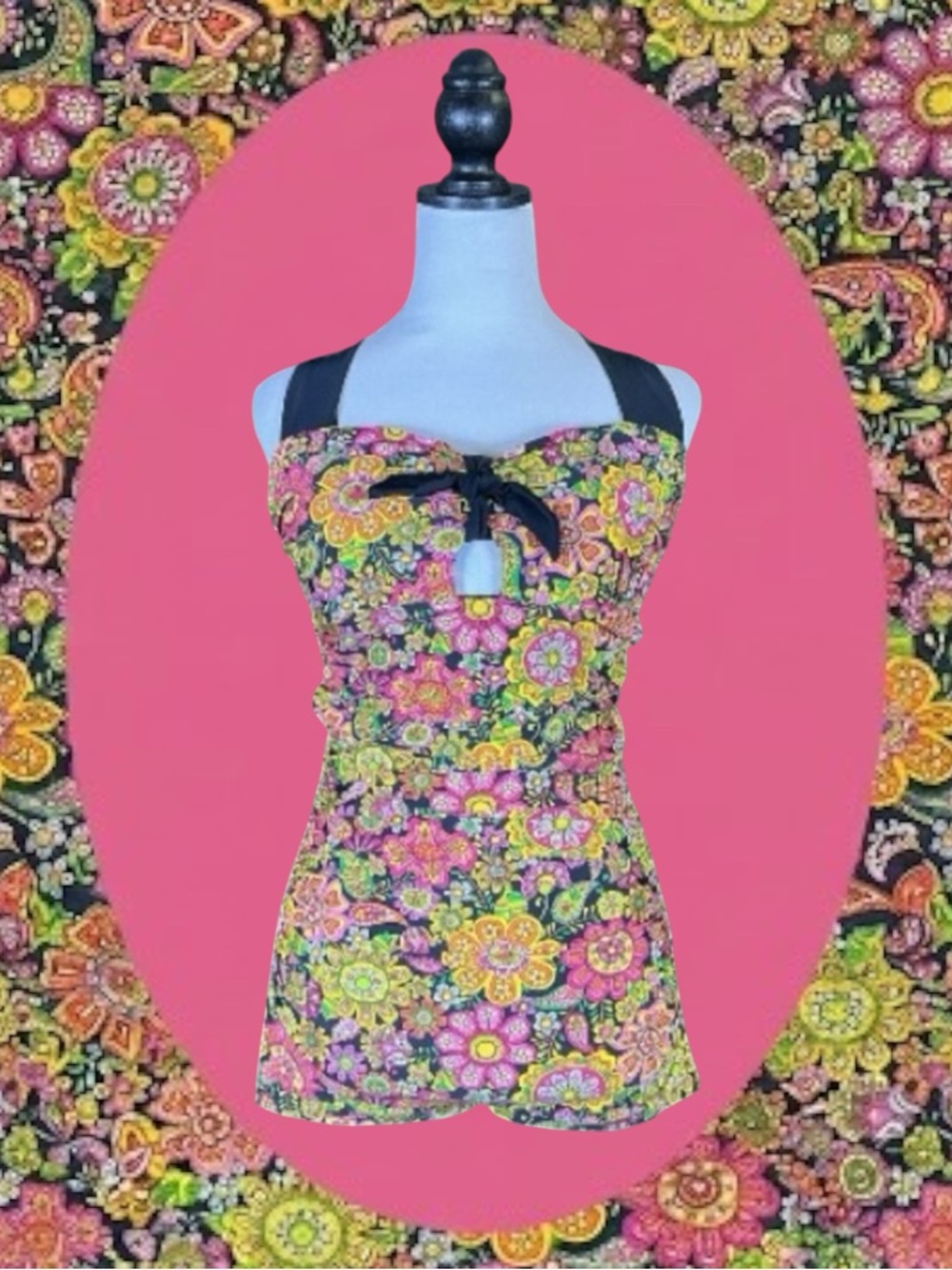 Unique Vintage NWT Retro Multicolored Kaleidoscope Floral Swim Romper L